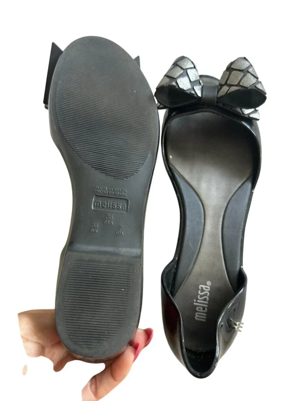 MELISSA Black Silver Bow D’Orsay Flats Size US 7 - Picture 7 of 8